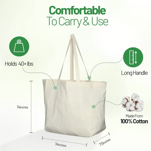 Alt view image 3 of 6 - 6 Pack Canvas Reusable Grocery Bags - Cotton Canvas Grocery Bag Cloth Shopping Tote With Long Handles Bulk - Heavy Duty Grocery Tote Bag - Large, Foldable and Lightweight - Capacity 40 lbs