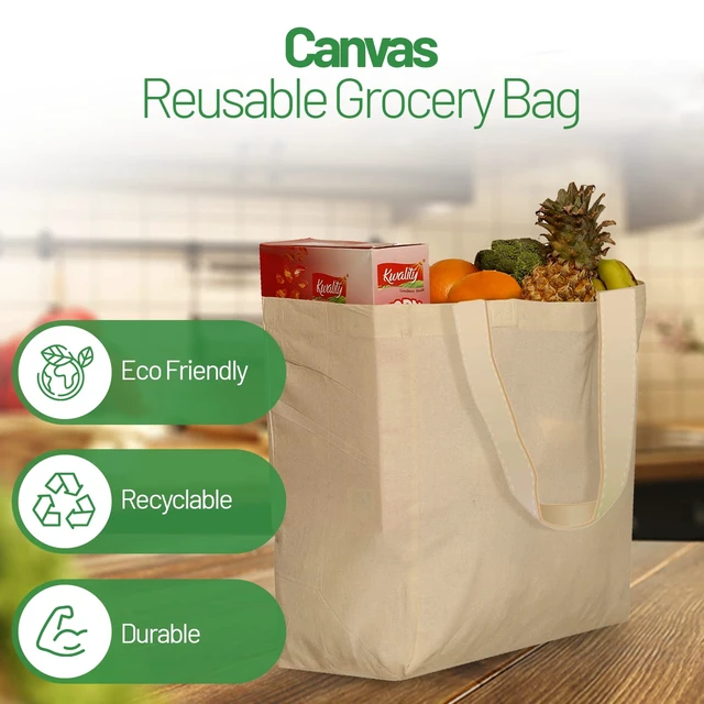 Alt view image 4 of 6 - 6 Pack Canvas Reusable Grocery Bags - Cotton Canvas Grocery Bag Cloth Shopping Tote With Long Handles Bulk - Heavy Duty Grocery Tote Bag - Large, Foldable and Lightweight - Capacity 40 lbs