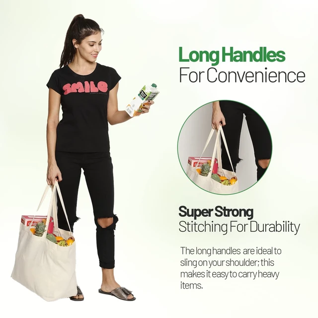 Alt view image 6 of 6 - 6 Pack Canvas Reusable Grocery Bags - Cotton Canvas Grocery Bag Cloth Shopping Tote With Long Handles Bulk - Heavy Duty Grocery Tote Bag - Large, Foldable and Lightweight - Capacity 40 lbs