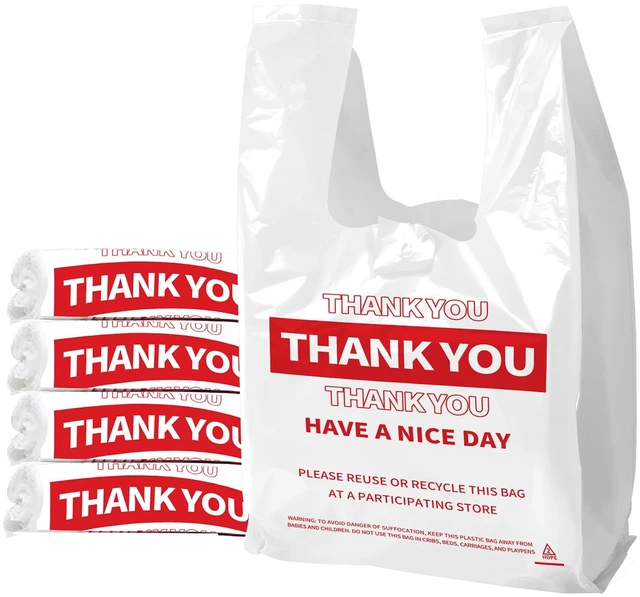 Main image of White Thank You Plastic Bags with Handles, 100 Pack Heavy Duty T-Shirt Sacks for Grocery Shopping, Retail & Small Business, Disposable Yet Reusable Merchandise Bags (11.5"x6.5"x21")