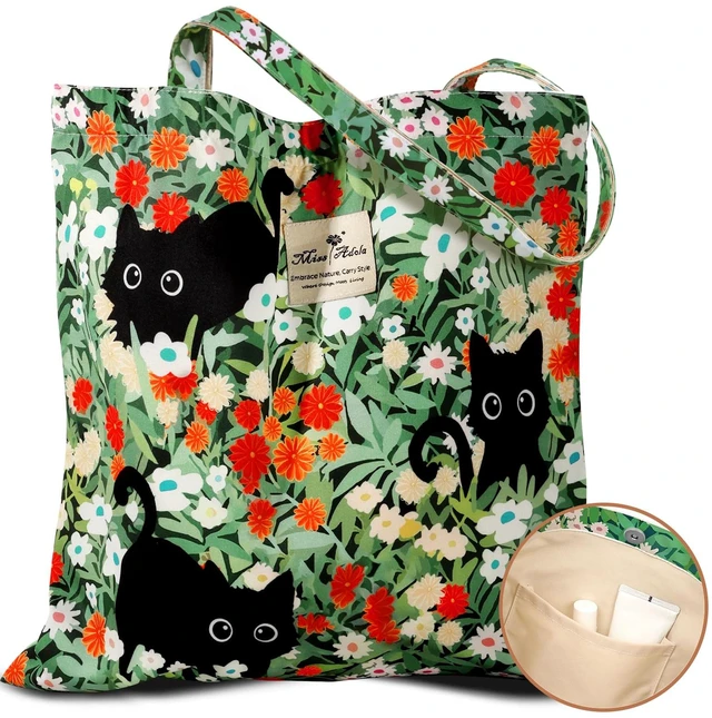 Main image of Aesthetic Buckle Tote Bag for Women, Green Three Cats | Natural Woven Fabric, Large Capacity, Reusable Shoulder Carry, Grocery Tote Bag for Work Shopping Travel Everyday