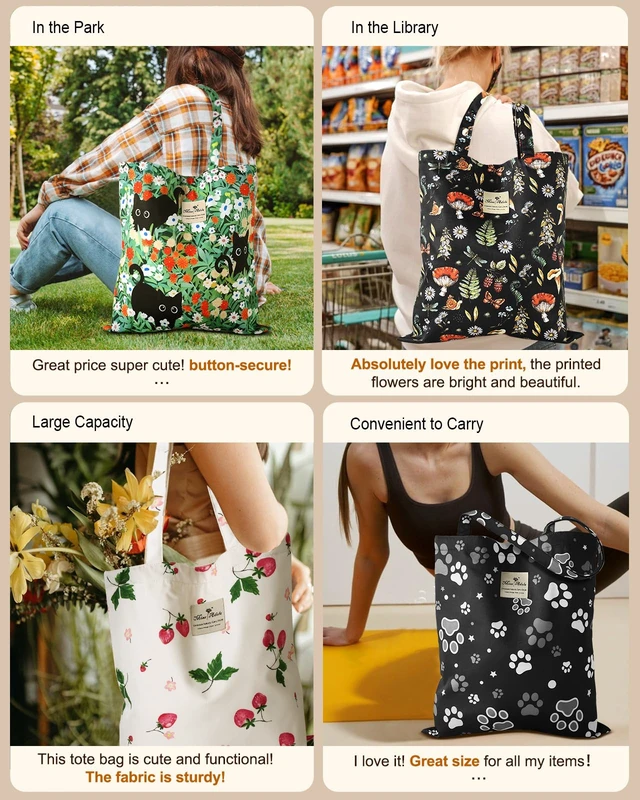 Alt view image 2 of 6 - Aesthetic Buckle Tote Bag for Women, Green Three Cats | Natural Woven Fabric, Large Capacity, Reusable Shoulder Carry, Grocery Tote Bag for Work Shopping Travel Everyday