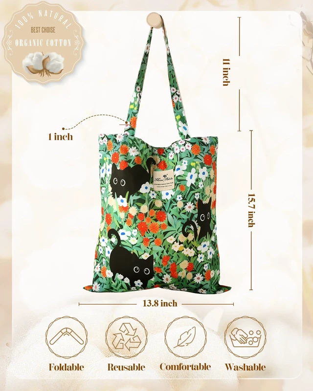 Alt view image 3 of 6 - Aesthetic Buckle Tote Bag for Women, Green Three Cats | Natural Woven Fabric, Large Capacity, Reusable Shoulder Carry, Grocery Tote Bag for Work Shopping Travel Everyday