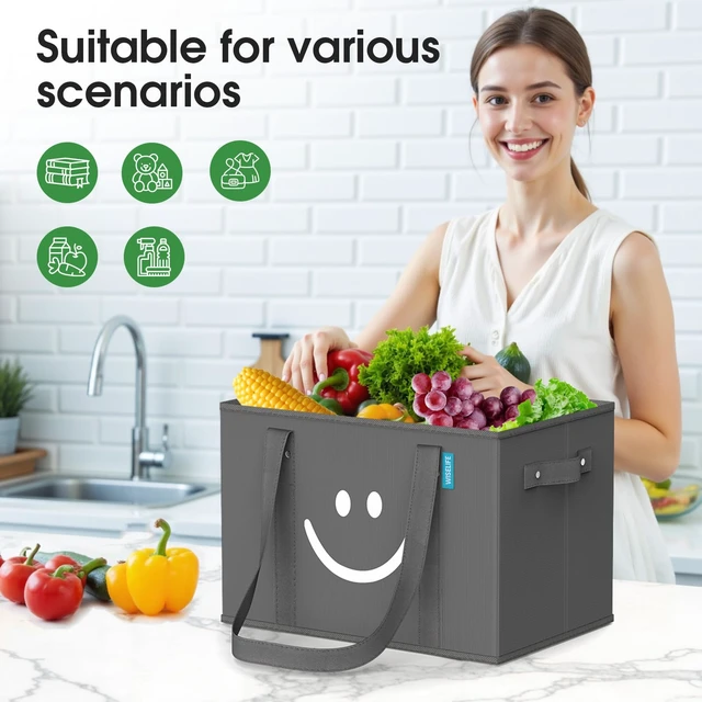 Alt view image 2 of 7 - Grocery Bags 3 PCS, Sturdy Handles & Bottom to Stands Upright | Collapsible Tote Shopping Bags with Sturdy Handles & Bottom to Stands Upright, Grey