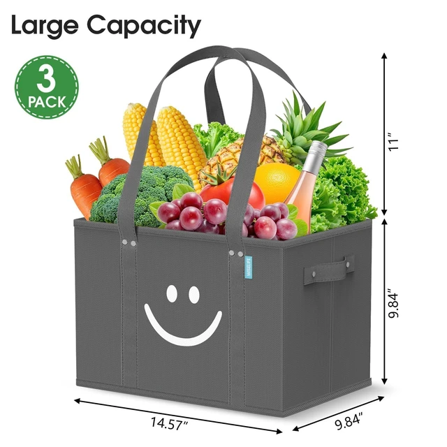 Alt view image 4 of 7 - Grocery Bags 3 PCS, Sturdy Handles & Bottom to Stands Upright | Collapsible Tote Shopping Bags with Sturdy Handles & Bottom to Stands Upright, Grey