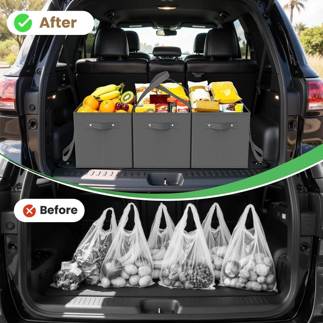 Alt view image 6 of 7 - Grocery Bags 3 PCS, Sturdy Handles & Bottom to Stands Upright | Collapsible Tote Shopping Bags with Sturdy Handles & Bottom to Stands Upright, Grey