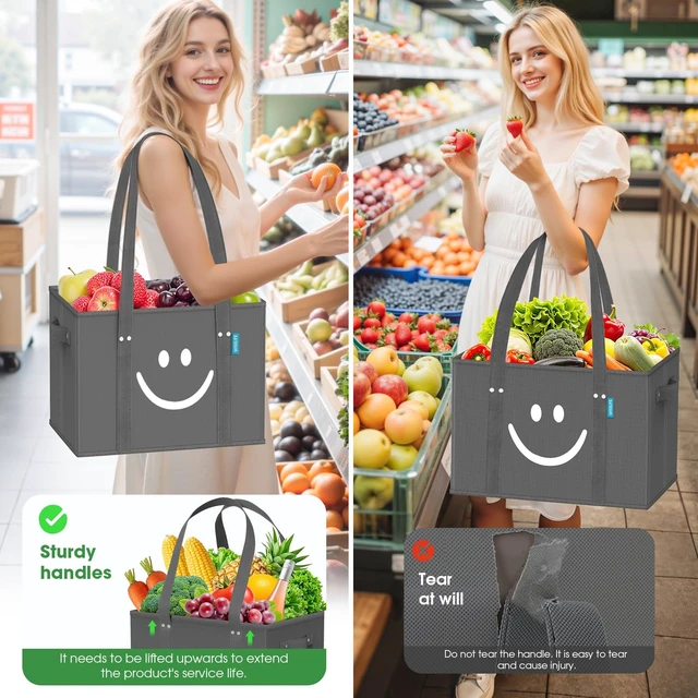 Alt view image 7 of 7 - Grocery Bags 3 PCS, Sturdy Handles & Bottom to Stands Upright | Collapsible Tote Shopping Bags with Sturdy Handles & Bottom to Stands Upright, Grey