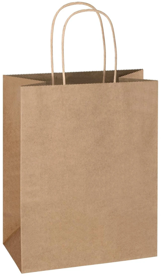 Main image of 100 Pack 8x4.75x10 Inch Plain Medium Brown Kraft Paper Gift Bags with Handles Bulk for Goodie, Party Favor Brithday Grocery Shopping, Business Wedding Retail Craft Treat To Go, Merchandise Sacks