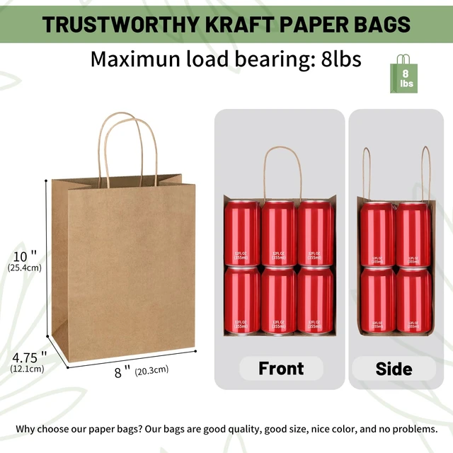 Alt view image 3 of 7 - 100 Pack 8x4.75x10 Inch Plain Medium Brown Kraft Paper Gift Bags with Handles Bulk for Goodie, Party Favor Brithday Grocery Shopping, Business Wedding Retail Craft Treat To Go, Merchandise Sacks