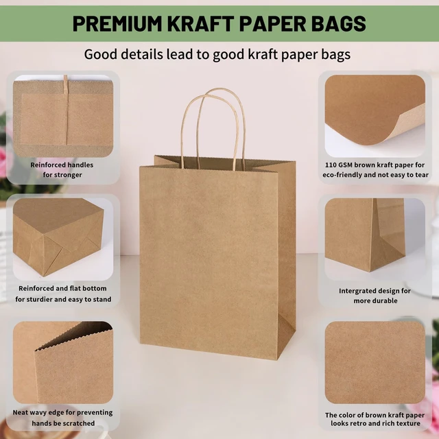 Alt view image 4 of 7 - 100 Pack 8x4.75x10 Inch Plain Medium Brown Kraft Paper Gift Bags with Handles Bulk for Goodie, Party Favor Brithday Grocery Shopping, Business Wedding Retail Craft Treat To Go, Merchandise Sacks