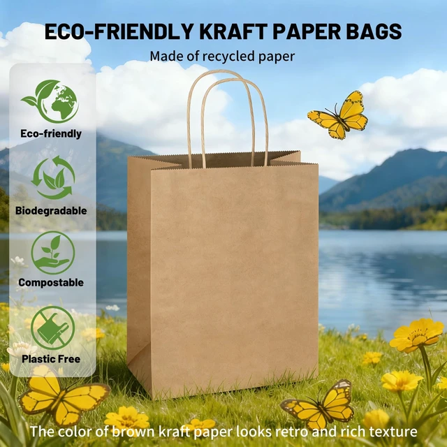 Alt view image 6 of 7 - 100 Pack 8x4.75x10 Inch Plain Medium Brown Kraft Paper Gift Bags with Handles Bulk for Goodie, Party Favor Brithday Grocery Shopping, Business Wedding Retail Craft Treat To Go, Merchandise Sacks