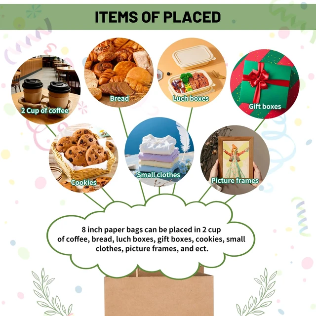 Alt view image 7 of 7 - 100 Pack 8x4.75x10 Inch Plain Medium Brown Kraft Paper Gift Bags with Handles Bulk for Goodie, Party Favor Brithday Grocery Shopping, Business Wedding Retail Craft Treat To Go, Merchandise Sacks