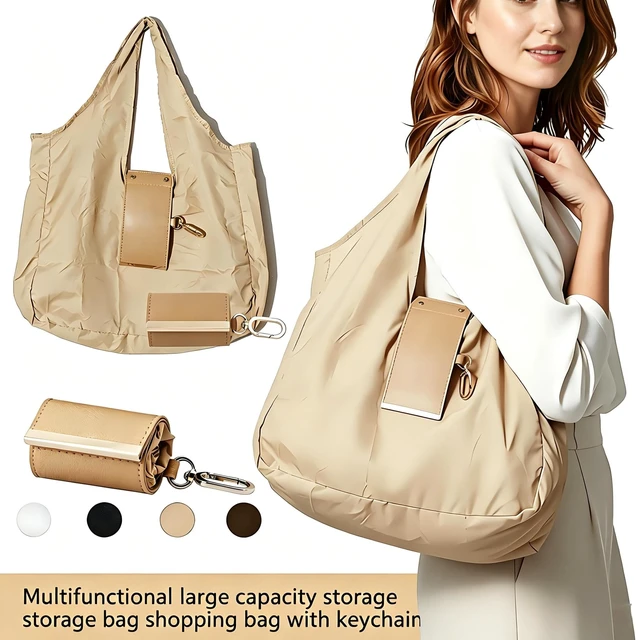 Alt view image 2 of 6 - Foldable Reusable Tote Bag - Collapsible Eco-Friendly Grocery Bag - Lightweight Nylon Shopping Tote for Daily Errands Travel (Beige shopping bag)