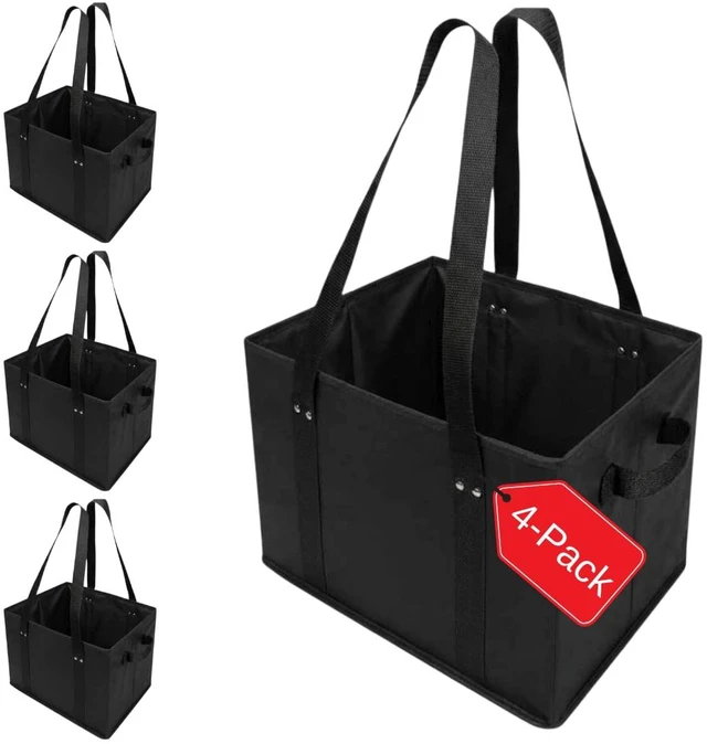 Main image of 4pk Reusable Grocery Bags Shopping Bags Tote Box Large Heavy Duty Groceries Bag Handles Foldable Reinforced Bottom (Black)