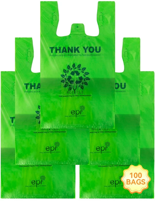 Main image of | T-Shirt Carryout Bags 100 count Restaurant Quality, Durable, Reusable and Econ Friendly | Measures 11. 5" X 6. 25" X 21"( large size 1/6) , 16 Mic (0. 63 Mil)