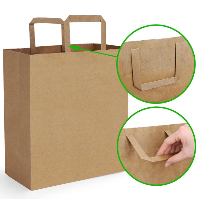 Alt view image 4 of 7 - Large Grocery Bags 13x7x17 50Pc Brown Paper Bags with Handles Bulk | Recycled, Kraft Paper Sacks, Large Gift Bags, Flat Handles, For Shopping, Retail, Merchandise, Grocery, Takeout/To Go Bags