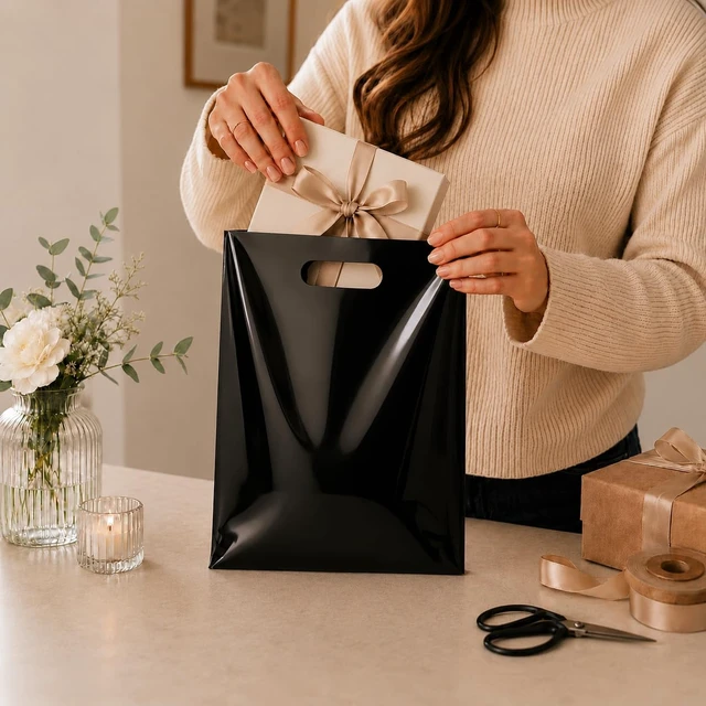 Alt view image 4 of 6 - Plastic Shopping Bags with Die Cut Handles, 9" x 12" Size