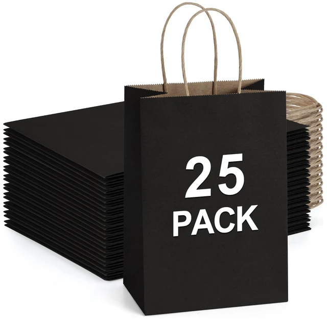 Main image of Gift Bags with Handles 5.25x3x8 Inch Small Black 25 Pack | Kraft Paper, Recycled, Sturdy Handles, For Gift Giving, Crafts, Party Favors, Halloween, Christmas, Business Packaging