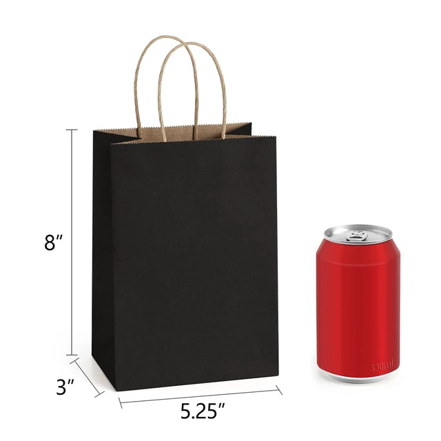 Alt view image 2 of 6 - Gift Bags with Handles 5.25x3x8 Inch Small Black 25 Pack | Kraft Paper, Recycled, Sturdy Handles, For Gift Giving, Crafts, Party Favors, Halloween, Christmas, Business Packaging