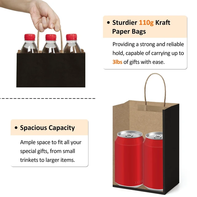 Alt view image 3 of 6 - Gift Bags with Handles 5.25x3x8 Inch Small Black 25 Pack | Kraft Paper, Recycled, Sturdy Handles, For Gift Giving, Crafts, Party Favors, Halloween, Christmas, Business Packaging