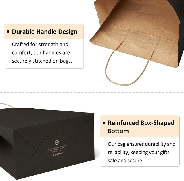 Alt view image 6 of 6 - Gift Bags with Handles 5.25x3x8 Inch Small Black 25 Pack | Kraft Paper, Recycled, Sturdy Handles, For Gift Giving, Crafts, Party Favors, Halloween, Christmas, Business Packaging