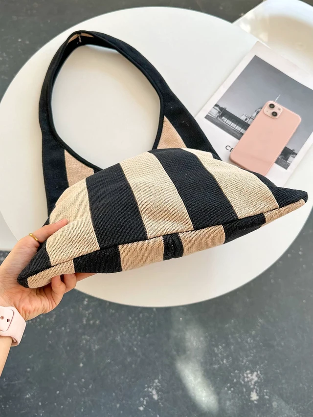 Alt view image 2 of 7 - The tote bags for women aesthetic Shoulder HandbagsShoulder Shopping Bag crocheted Bags large large tote Bag cute (Black khaki stripes)