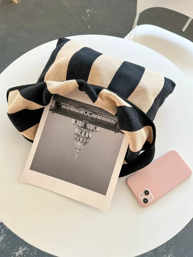 Alt view image 5 of 7 - The tote bags for women aesthetic Shoulder HandbagsShoulder Shopping Bag crocheted Bags large large tote Bag cute (Black khaki stripes)