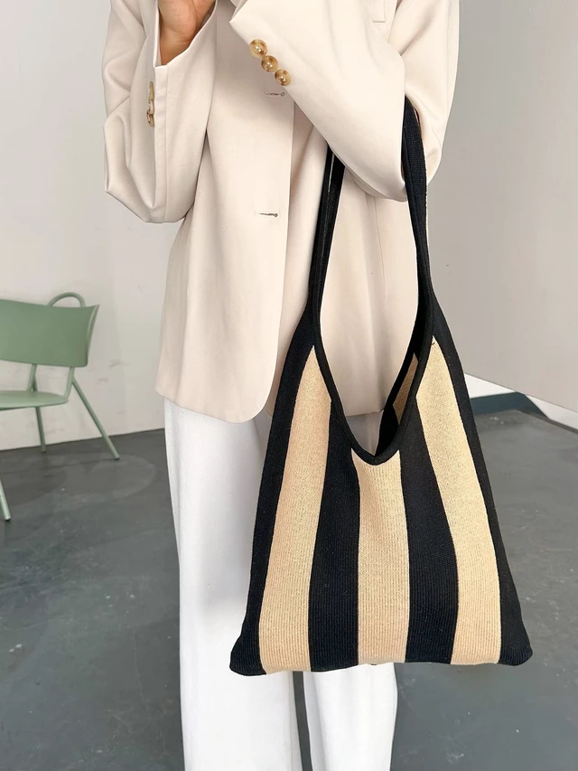 Alt view image 6 of 7 - The tote bags for women aesthetic Shoulder HandbagsShoulder Shopping Bag crocheted Bags large large tote Bag cute (Black khaki stripes)