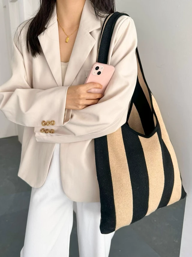Alt view image 7 of 7 - The tote bags for women aesthetic Shoulder HandbagsShoulder Shopping Bag crocheted Bags large large tote Bag cute (Black khaki stripes)