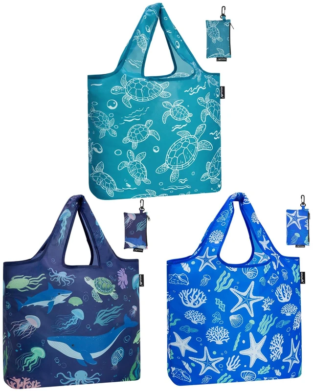Main image of Reusable Grocery Bags,Heavy Duty Foldable Shopping Tote Bag (Standard, 3 Ocean Life)