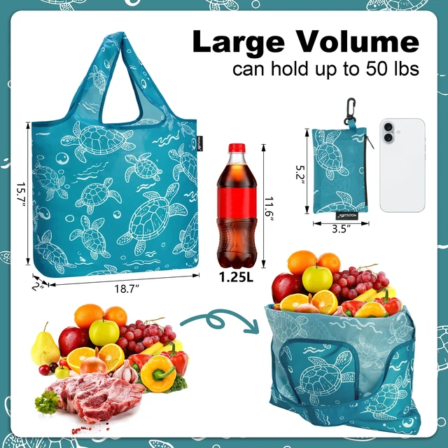 Alt view image 3 of 6 - Reusable Grocery Bags,Heavy Duty Foldable Shopping Tote Bag (Standard, 3 Ocean Life)