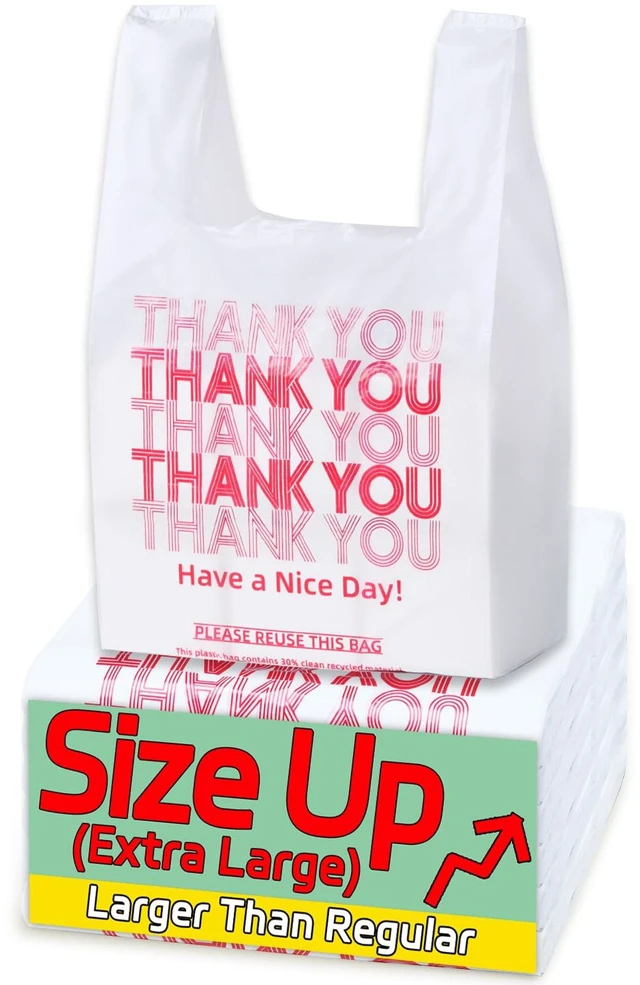 Main image of Extra Large (13" x 8" x 23") X-Large Size up, 100 Count Plastic Bags with Handles, T-Shirt Bags, Thank You bags, Shopping Bag, Grocery bag, White, 1/5 Barrel, Plastic Bag, for Small Business