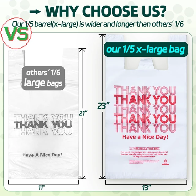 Alt view image 2 of 6 - Extra Large (13" x 8" x 23") X-Large Size up, 100 Count Plastic Bags with Handles, T-Shirt Bags, Thank You bags, Shopping Bag, Grocery bag, White, 1/5 Barrel, Plastic Bag, for Small Business
