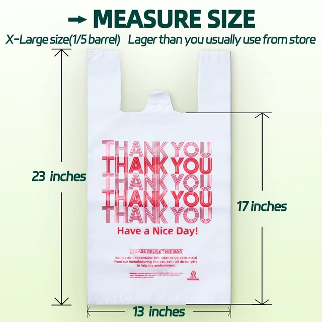 Alt view image 3 of 6 - Extra Large (13" x 8" x 23") X-Large Size up, 100 Count Plastic Bags with Handles, T-Shirt Bags, Thank You bags, Shopping Bag, Grocery bag, White, 1/5 Barrel, Plastic Bag, for Small Business