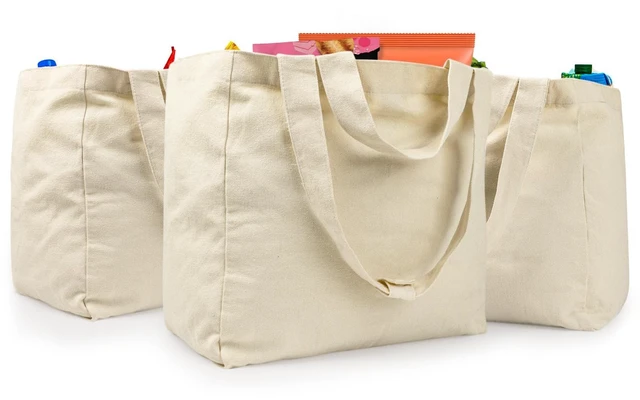 Main image of Reusable Canvas Grocery Bags with Dual Handles 3pc XL Set | Machine Washable, Shrink Resistant, 6 Inner Pockets, Heavy Duty, foldable, Water Resistant Bottom