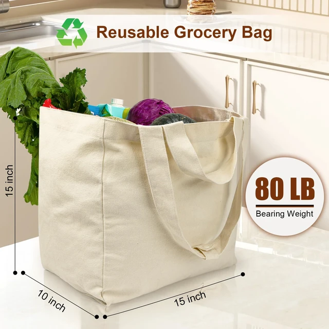 Alt view image 3 of 6 - Reusable Canvas Grocery Bags with Dual Handles 3pc XL Set | Machine Washable, Shrink Resistant, 6 Inner Pockets, Heavy Duty, foldable, Water Resistant Bottom