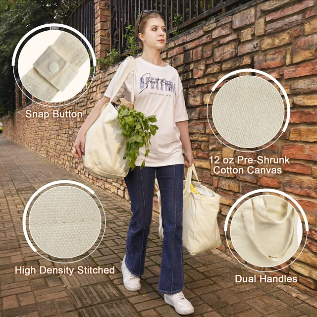 Alt view image 2 of 6 - Reusable Canvas Grocery Bags with Dual Handles 3pc XL Set | Machine Washable, Shrink Resistant, 6 Inner Pockets, Heavy Duty, foldable, Water Resistant Bottom