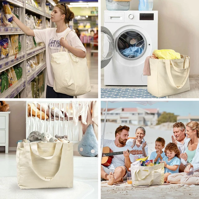 Alt view image 6 of 6 - Reusable Canvas Grocery Bags with Dual Handles 3pc XL Set | Machine Washable, Shrink Resistant, 6 Inner Pockets, Heavy Duty, foldable, Water Resistant Bottom