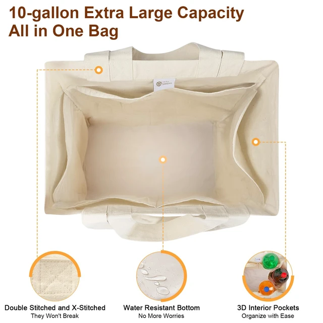 Alt view image 4 of 6 - Reusable Canvas Grocery Bags with Dual Handles 3pc XL Set | Machine Washable, Shrink Resistant, 6 Inner Pockets, Heavy Duty, foldable, Water Resistant Bottom