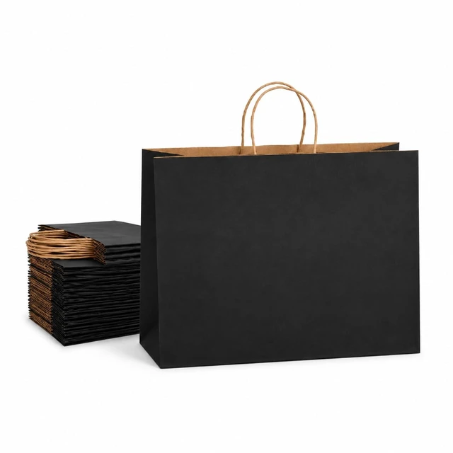 Main image of Large Kraft Paper Bags with Handles Bulk for Shopping,70 Pack,Black | 16x6x12 Inch,120GSM,Thick,Durable,8LB Load,Heavy Duty for Retail ,event,boutiques,corporate gifts,wedding,party