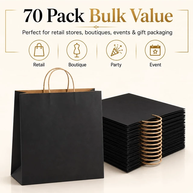 Alt view image 2 of 7 - Large Kraft Paper Bags with Handles Bulk for Shopping,70 Pack,Black | 16x6x12 Inch,120GSM,Thick,Durable,8LB Load,Heavy Duty for Retail ,event,boutiques,corporate gifts,wedding,party