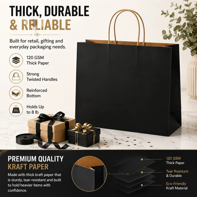 Alt view image 3 of 7 - Large Kraft Paper Bags with Handles Bulk for Shopping,70 Pack,Black | 16x6x12 Inch,120GSM,Thick,Durable,8LB Load,Heavy Duty for Retail ,event,boutiques,corporate gifts,wedding,party