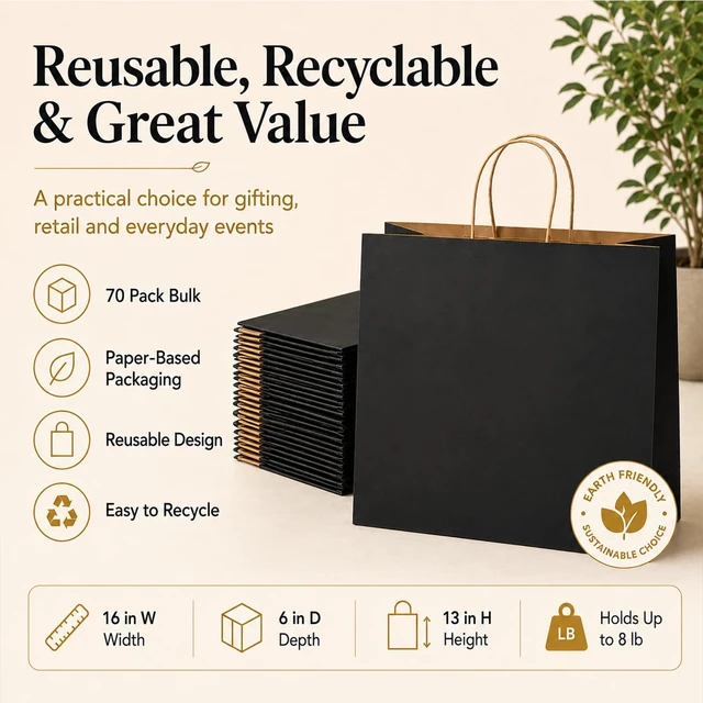 Alt view image 4 of 7 - Large Kraft Paper Bags with Handles Bulk for Shopping,70 Pack,Black | 16x6x12 Inch,120GSM,Thick,Durable,8LB Load,Heavy Duty for Retail ,event,boutiques,corporate gifts,wedding,party