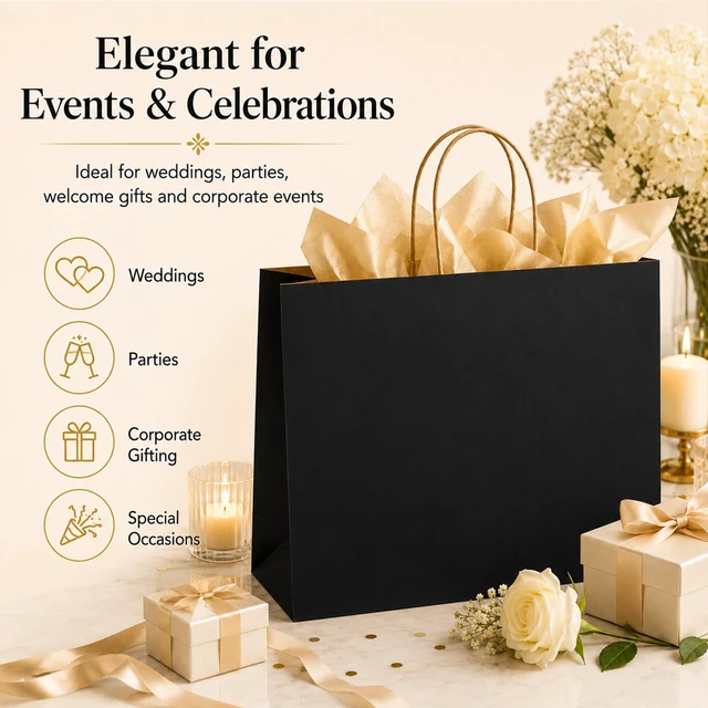 Alt view image 5 of 7 - Large Kraft Paper Bags with Handles Bulk for Shopping,70 Pack,Black | 16x6x12 Inch,120GSM,Thick,Durable,8LB Load,Heavy Duty for Retail ,event,boutiques,corporate gifts,wedding,party