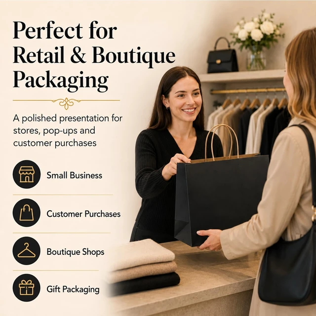 Alt view image 7 of 7 - Large Kraft Paper Bags with Handles Bulk for Shopping,70 Pack,Black | 16x6x12 Inch,120GSM,Thick,Durable,8LB Load,Heavy Duty for Retail ,event,boutiques,corporate gifts,wedding,party