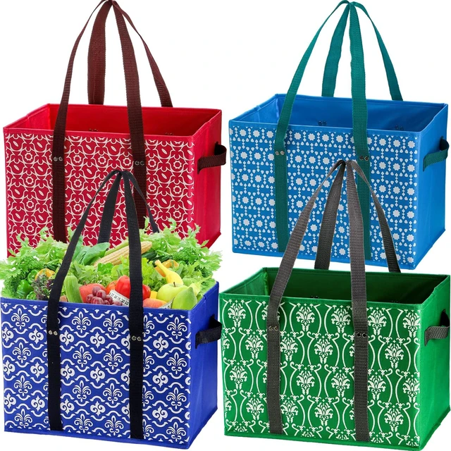 Main image of 4 Pack Reusable Grocery Bags, Large Shopping Box Tote, Foldable Washable Storage Bins with Reinforced Bottom Heavy Duty Handles for Fruit Vegetable Clothes Toys and Picnic