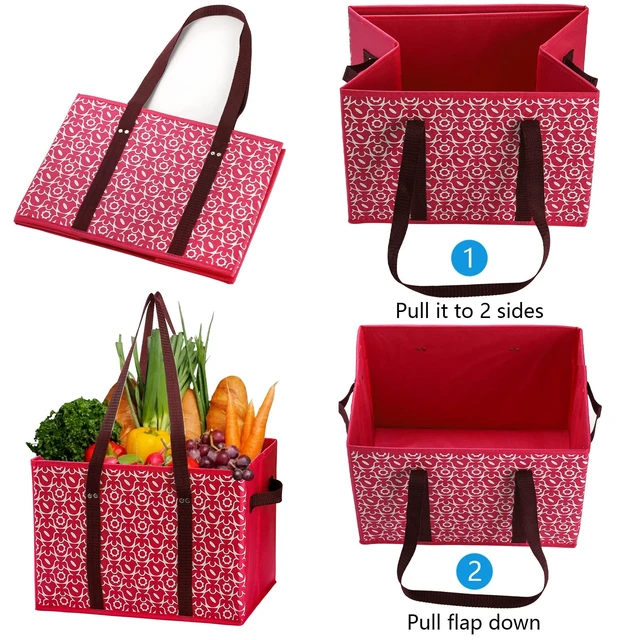 Alt view image 4 of 7 - 4 Pack Reusable Grocery Bags, Large Shopping Box Tote, Foldable Washable Storage Bins with Reinforced Bottom Heavy Duty Handles for Fruit Vegetable Clothes Toys and Picnic