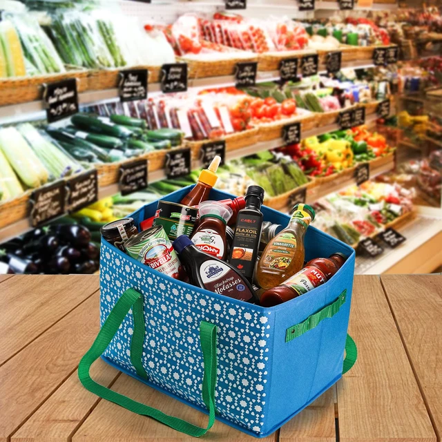 Alt view image 7 of 7 - 4 Pack Reusable Grocery Bags, Large Shopping Box Tote, Foldable Washable Storage Bins with Reinforced Bottom Heavy Duty Handles for Fruit Vegetable Clothes Toys and Picnic