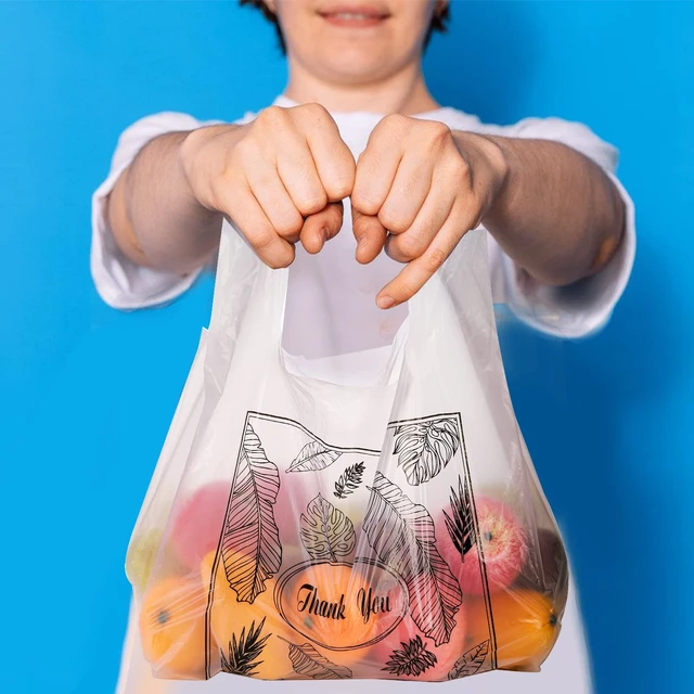 Alt view image 2 of 6 - 500 Pack Plastic Bags with Handles, Clear Thank You Plastic Grocery Bags Shopping Bag, 13 X 7 X 21 Inch Reusable T-shirts Carryout Shopping Bags for Restaurants, Trash