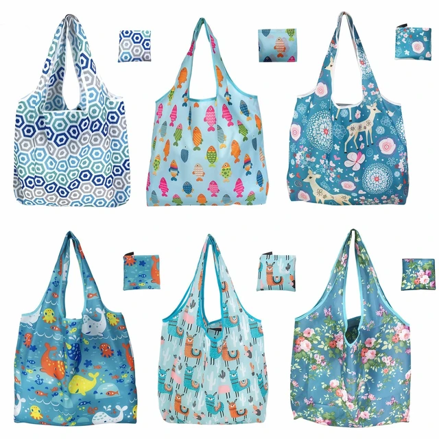 Main image of Foldable Reusable Shopping Bags,6 Pack Heavy Duty Tote for Grocery | Lightweight Polyester, machine washable. Compact fold fits in purse. Sturdy 50lb capacity. Great for groceries&travel,Beach